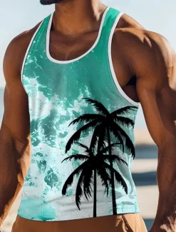Sale OUKU Men's Coconut Palm T Shirt Vest Top Sleeveless T shirt 3D Print Crew Neck Round Neck Shirt Vacation Casual Hawaiian Holiday Blue Red Green Summer Spring Clothing Apparel S M L XL XXL XXXL