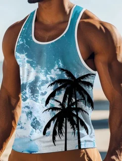 Sale OUKU Men's Coconut Palm T Shirt Vest Top Sleeveless T shirt 3D Print Crew Neck Round Neck Shirt Vacation Casual Hawaiian Holiday Blue Red Green Summer Spring Clothing Apparel S M L XL XXL XXXL