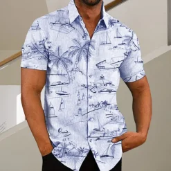 Discount OUKU Men's Coconut Tree Aloha Tropical Plants Shirt Summer Hawaiian Shirt Short Sleeve Shirt Turndown Fashion Designer Casual Outdoor Street Casual White Yellow Light Green Print S M L