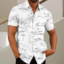 Discount OUKU Men's Coconut Tree Aloha Tropical Plants Shirt Summer Hawaiian Shirt Short Sleeve Shirt Turndown Fashion Designer Casual Outdoor Street Casual White Yellow Light Green Print S M L