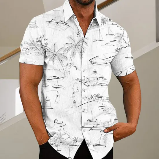 Discount OUKU Men's Coconut Tree Aloha Tropical Plants Shirt Summer Hawaiian Shirt Short Sleeve Shirt Turndown Fashion Designer Casual Outdoor Street Casual White Yellow Light Green Print S M L