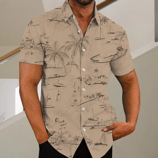Discount OUKU Men's Coconut Tree Aloha Tropical Plants Shirt Summer Hawaiian Shirt Short Sleeve Shirt Turndown Fashion Designer Casual Outdoor Street Casual White Yellow Light Green Print S M L