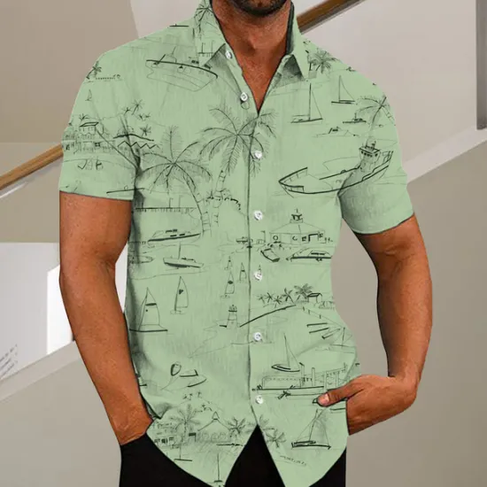 Discount OUKU Men's Coconut Tree Aloha Tropical Plants Shirt Summer Hawaiian Shirt Short Sleeve Shirt Turndown Fashion Designer Casual Outdoor Street Casual White Yellow Light Green Print S M L