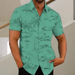 Discount OUKU Men's Coconut Tree Aloha Tropical Plants Shirt Summer Hawaiian Shirt Short Sleeve Shirt Turndown Fashion Designer Casual Outdoor Street Casual White Yellow Light Green Print S M L