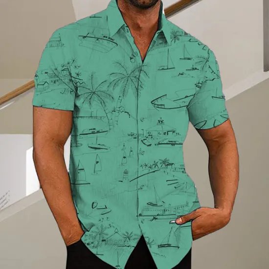 Discount OUKU Men's Coconut Tree Aloha Tropical Plants Shirt Summer Hawaiian Shirt Short Sleeve Shirt Turndown Fashion Designer Casual Outdoor Street Casual White Yellow Light Green Print S M L