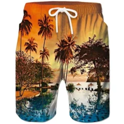 Discount OUKU Men's Coconut Tree Board Shorts Swim Shorts Swim Trunks Mid Waist Hawaiian Boho Casual Daily Holiday Drawstring with Mesh lining Elastic Waist Designer Clothing Apparel