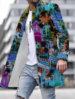 Outlet OUKU Men's Coconut Tree Building Winter Coat Overcoat Coat Warm Breathable Comfortable Fashion Streetwear Hawaiian Work Going out Beach Pocket Print Fall & Winter Turndown Long Sleeve Yellow Blue Purple