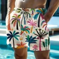 Outlet OUKU Men's Coconut Tree Colorful Flower / Floral Swim Shorts Board Shorts Swimming Trunks Mid Waist Hawaiian Casual Holiday Beach Drawstring with Mesh lining Elastic Waist Designer Clothing Apparel
