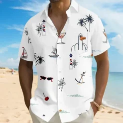 Outlet OUKU Men's Coconut Tree Funny Duck Shirt Summer Hawaiian Shirt Button Up Shirt Short Sleeve Hawaiian Vacation Holiday Beach Wear Summer Turndown 3D Print Front One Pocket Linen Like Shirt White