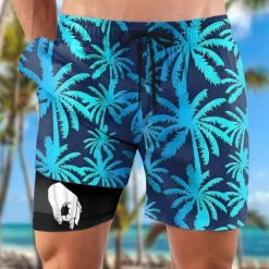 Hot OUKU Men's Coconut Tree Funny gestures Lined Shorts 2 in 1 Board Shorts Swim Shorts Mid Waist Hawaiian Vacation Beach Wear Side Pockets With Compression Liner Elastic Drawstring Waist Designer Clothing