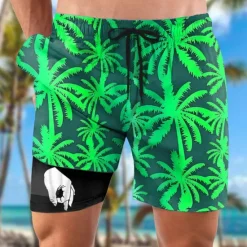 Hot OUKU Men's Coconut Tree Funny gestures Lined Shorts 2 in 1 Board Shorts Swim Shorts Mid Waist Hawaiian Vacation Beach Wear Side Pockets With Compression Liner Elastic Drawstring Waist Designer Clothing