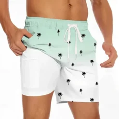 Best OUKU Men's Coconut Tree Gradient Color Lined Shorts 2 in 1 Board Shorts Swim Trunks Mid Waist Hawaiian Beach Wear Side Pockets With Compression Liner Elastic Drawstring Waist Designer Clothing Apparel