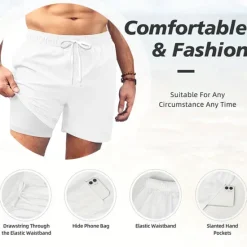 Best OUKU Men's Coconut Tree Gradient Color Lined Shorts 2 in 1 Board Shorts Swim Trunks Mid Waist Hawaiian Beach Wear Side Pockets With Compression Liner Elastic Drawstring Waist Designer Clothing Apparel