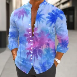 Hot OUKU Men's Coconut Tree Gradient Color Tropical Plants Shirt Aloha Shirt Stand Collar Shirt Long Sleeve Hawaiian Vacation Daily Wear Going out Spring Fall Mandarin Collar Band Collar Button-Down Linen