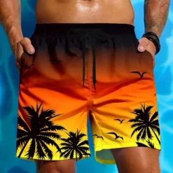 Best OUKU Men's Coconut Tree Gradient Color Tropical Plants Swim Trunks Swim Shorts Board Shorts Mid Waist Hawaiian Beach Vacation Wear Side Pockets Mesh Lining Elastic Drawstring Waist Designer Clothing