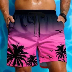 Best OUKU Men's Coconut Tree Gradient Color Tropical Plants Swim Trunks Swim Shorts Board Shorts Mid Waist Hawaiian Beach Vacation Wear Side Pockets Mesh Lining Elastic Drawstring Waist Designer Clothing