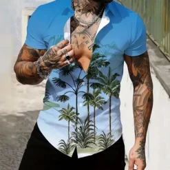 Outlet OUKU Men's Coconut Tree Gradient Color Tropical Plants Summer Hawaiian Shirt Button Up Shirt Aloha Shirt Short Sleeve Hawaiian Resort Vacation Holiday Beach Wear Summer Spring Turndown Collared Shirts Blue
