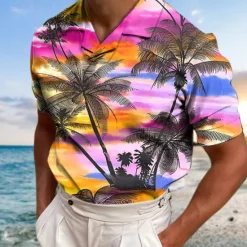 Online OUKU Men's Coconut Tree Graphic Prints Sunset Polo Shirts Hawaiian Polo Shirts Golf Shirt Short Sleeves Shirt Cuban Collar Outdoor Street Yellow Red Blue Purple Green Print Clothing Apparel Fashion
