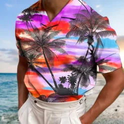 Online OUKU Men's Coconut Tree Graphic Prints Sunset Polo Shirts Hawaiian Polo Shirts Golf Shirt Short Sleeves Shirt Cuban Collar Outdoor Street Yellow Red Blue Purple Green Print Clothing Apparel Fashion