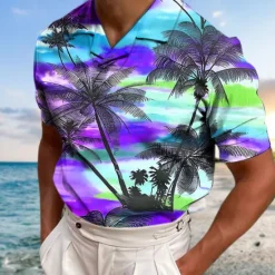Online OUKU Men's Coconut Tree Graphic Prints Sunset Polo Shirts Hawaiian Polo Shirts Golf Shirt Short Sleeves Shirt Cuban Collar Outdoor Street Yellow Red Blue Purple Green Print Clothing Apparel Fashion