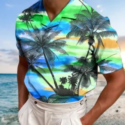 Online OUKU Men's Coconut Tree Graphic Prints Sunset Polo Shirts Hawaiian Polo Shirts Golf Shirt Short Sleeves Shirt Cuban Collar Outdoor Street Yellow Red Blue Purple Green Print Clothing Apparel Fashion