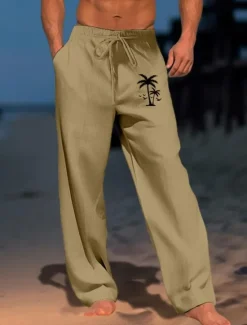 OUKU Men's Coconut Tree Graphic Prints Trousers Summer Pants Beach Pants Mid Waist Streetwear Hawaiian Designer Casual Daily Holiday Drawstring Elastic Waist 3D Print Spring & Summer Hot Stamping Black