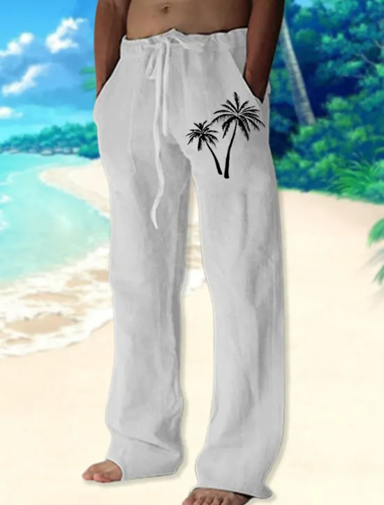 Discount OUKU Men's Coconut Tree Graphic Prints Trousers Summer Pants Beach Pants Mid Waist Streetwear Hawaiian Designer Casual Daily Holiday Elastic Waist Drawstring Straight Leg Spring & Summer 3D Print White
