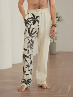 OUKU Men's Coconut Tree Graphic Prints Linen Pants Trousers Summer Pants Mid Waist Streetwear Hawaiian Designer Casual Daily Holiday Drawstring Elastic Waist 3D Print Spring & Summer 3D Print Blue Khaki