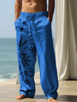 OUKU Men's Coconut Tree Graphic Prints Linen Pants Trousers Summer Pants Mid Waist Streetwear Hawaiian Designer Casual Daily Holiday Drawstring Elastic Waist 3D Print Spring & Summer 3D Print Blue Khaki