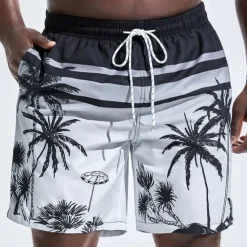 Online OUKU Men's Coconut Tree Graphic Prints Swim Shorts Board Shorts Swimming Trunks Mid Waist Hawaiian Boho Casual Daily Holiday Drawstring with Mesh lining Elastic Waist Designer Clothing Apparel White