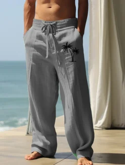 Hot OUKU Men's Coconut Tree Graphic Prints Linen Pants Trousers Summer Pants Mid Waist Streetwear Hawaiian Designer Casual Daily Holiday Drawstring Elastic Waist 3D Print Spring & Summer 3D Print Blue Green