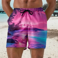 Outlet OUKU Men's Coconut Tree Landscape Swim Trunks Swim Shorts Board Shorts Mid Waist Hawaiian Casual Holiday Beach Drawstring with Mesh lining Elastic Waist Designer Clothing Apparel