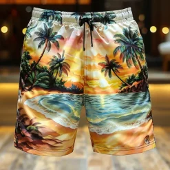 OUKU Men's Coconut Tree Landscape Swim Shorts Board Shorts Swimming Trunks Mid Waist Vacation Hawaiian Holiday Vacation Holiday Beach Drawstring with Mesh lining Elastic Waist Designer Clothing Apparel Orange
