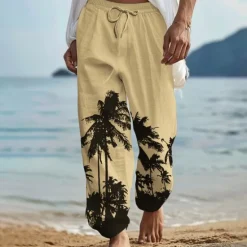 OUKU Men's Coconut Tree Linen Pants Pants Trousers Baggy Pants Mid Waist Vintage Outdoor Daily Wear Beach Fall & Winter White Blue Green
