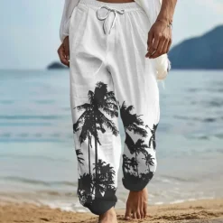 OUKU Men's Coconut Tree Linen Pants Pants Trousers Baggy Pants Mid Waist Vintage Outdoor Daily Wear Beach Fall & Winter White Blue Green