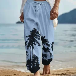 OUKU Men's Coconut Tree Linen Pants Pants Trousers Baggy Pants Mid Waist Vintage Outdoor Daily Wear Beach Fall & Winter White Blue Green