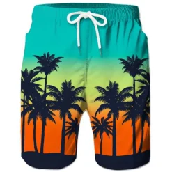 Best OUKU Men's Coconut Tree Print Swimming Trunks Bathing Suit Board Shorts Mid Waist Hawaiian Casual Athleisure Daily Holiday Pocket Drawstring with Mesh lining Designer Clothing Apparel