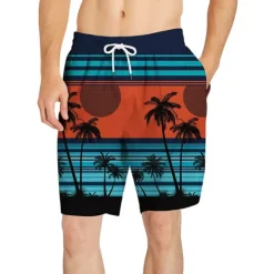 Best OUKU Men's Coconut Tree Print Swimming Trunks Bathing Suit Board Shorts Mid Waist Hawaiian Casual Athleisure Daily Holiday Pocket Drawstring with Mesh lining Designer Clothing Apparel