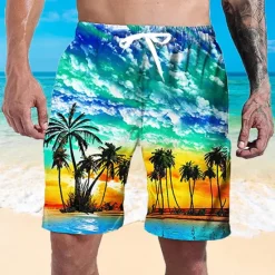 Best OUKU Men's Coconut Tree Print Swimming Trunks Bathing Suit Board Shorts Mid Waist Hawaiian Casual Athleisure Daily Holiday Pocket Drawstring with Mesh lining Designer Clothing Apparel