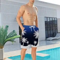 Best OUKU Men's Coconut Tree Print Swimming Trunks Bathing Suit Board Shorts Mid Waist Hawaiian Casual Athleisure Daily Holiday Pocket Drawstring with Mesh lining Designer Clothing Apparel