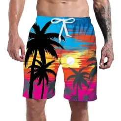 Best OUKU Men's Coconut Tree Print Swimming Trunks Bathing Suit Board Shorts Mid Waist Hawaiian Casual Athleisure Daily Holiday Pocket Drawstring with Mesh lining Designer Clothing Apparel