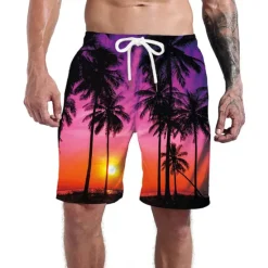 Best OUKU Men's Coconut Tree Print Swimming Trunks Bathing Suit Board Shorts Mid Waist Hawaiian Casual Athleisure Daily Holiday Pocket Drawstring with Mesh lining Designer Clothing Apparel