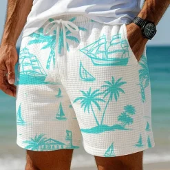 OUKU Men's Coconut Tree Sailboat Tropical Plants Waffle Shorts Sweat Shorts Casual Shorts Mid Waist Hawaiian Vacation Jogging Workout Elastic Drawstring Waist Shorts with Pockets Designer Clothing Apparel