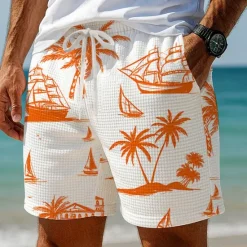 OUKU Men's Coconut Tree Sailboat Tropical Plants Waffle Shorts Sweat Shorts Casual Shorts Mid Waist Hawaiian Vacation Jogging Workout Elastic Drawstring Waist Shorts with Pockets Designer Clothing Apparel