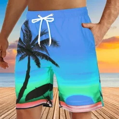 Discount OUKU Men's Coconut Tree Sunset Board Shorts Swim Shorts Swim Trunks Mid Waist Hawaiian Boho Holiday Beach Drawstring with Mesh lining Elastic Waist Designer Clothing Apparel