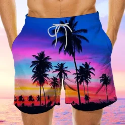 Discount OUKU Men's Coconut Tree Sunset Board Shorts Swim Shorts Swim Trunks Mid Waist Hawaiian Boho Holiday Beach Drawstring with Mesh lining Elastic Waist Designer Clothing Apparel
