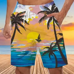 Discount OUKU Men's Coconut Tree Sunset Board Shorts Swim Shorts Swim Trunks Mid Waist Hawaiian Boho Holiday Beach Drawstring with Mesh lining Elastic Waist Designer Clothing Apparel