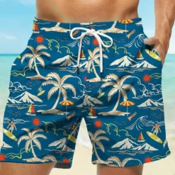 OUKU Men's Coconut Tree Swim Trunks Swim Shorts Board Shorts Mid Waist Hawaiian Casual Holiday Beach Drawstring with Mesh lining Elastic Waist Designer Clothing Apparel