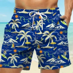 OUKU Men's Coconut Tree Swim Trunks Swim Shorts Board Shorts Mid Waist Hawaiian Casual Holiday Beach Drawstring with Mesh lining Elastic Waist Designer Clothing Apparel