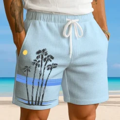New OUKU Men's Coconut Tree Tropical Plants Waffle Shorts Sweat Shorts Casual Shorts Mid Waist Fashion Casual Vacation Jogging Workout Elastic Drawstring Waist Shorts with Pockets Designer Clothing Apparel